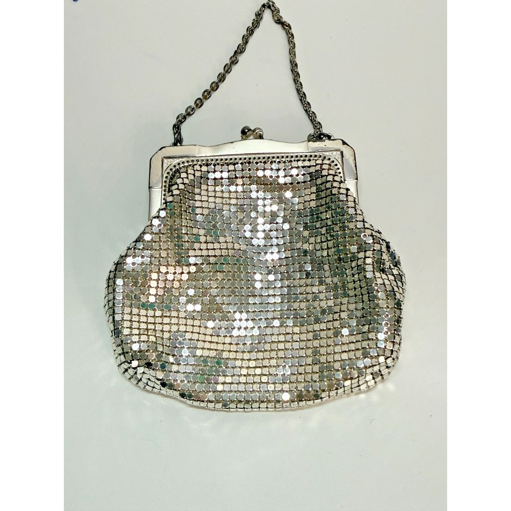 Whiting & Davis USA Silver Mesh Bag Purse with  Chain Kiss Lock